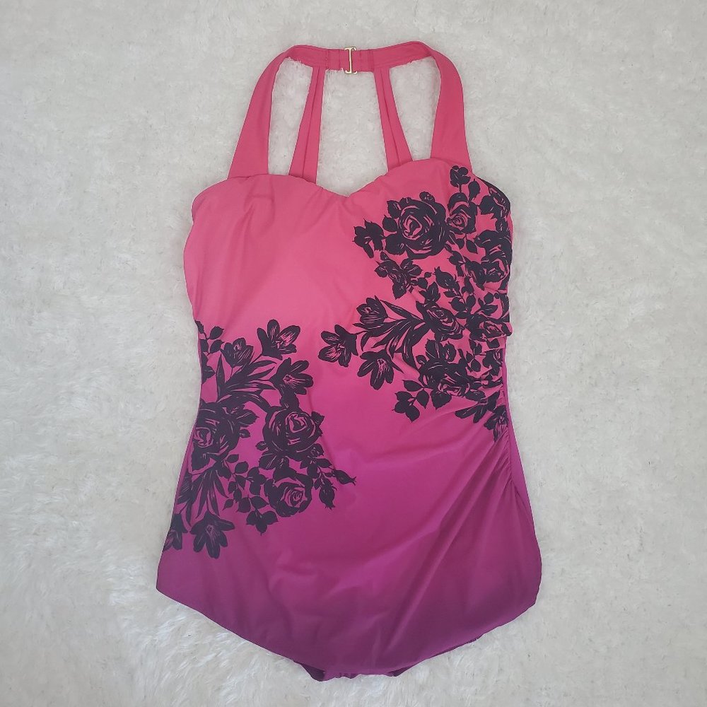 Lands End Slender Tummy Control pink swimsuit keyhole black floral 16 DD cup